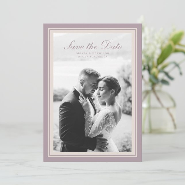 Mauve Photo Wedding Save the Date Card Einladung (Stehend Vorderseite)
