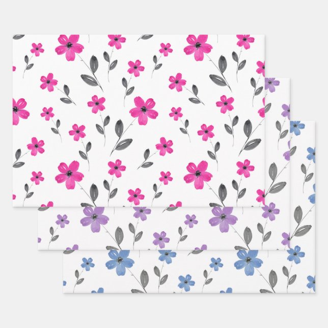 Mauve Pink Blue Five Petal Watercolor Blume Geschenkpapier Set (Set)