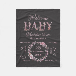 Mauve Pink Elegant Floral Baby Girl Birth Stats Fleecedecke