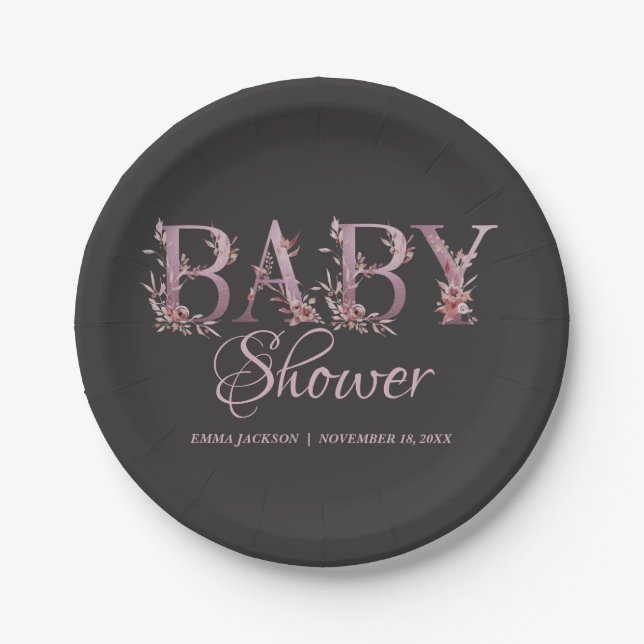 Mauve Pink Elegant Floral Chic Girl's Baby Shower Pappteller (Vorderseite)
