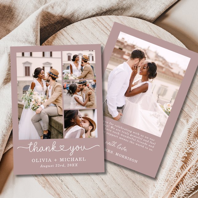 Mauve Pink Five Foto Collage Script Hochzeit Dankeskarte (Von Creator hochgeladen)