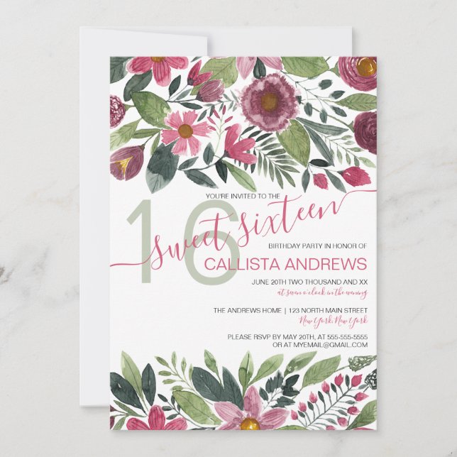 Mauve Pink Forest Watercolor Blumenleaf Sweet 16 Einladung (Vorderseite)