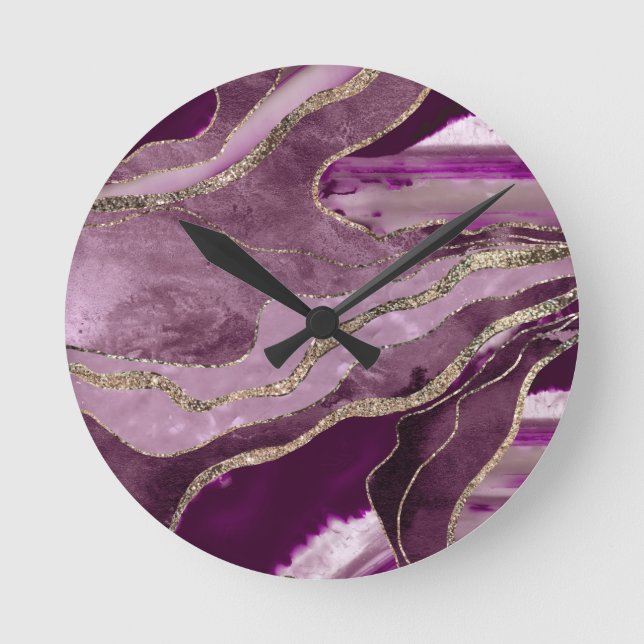 Mauve Pink Marble Agate Gold Glitzer Glam #1  Runde Wanduhr (Vorderseite)