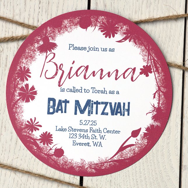 Mauve Pink, Navy Blue Bat Mitzvah Einladung (Unique Vintage pink and navy blue, wild flower botanical bat mitzvah invitations)