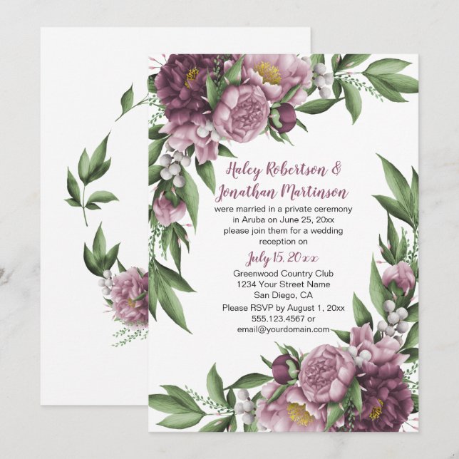 Mauve Pink Peonies Grüne Empfang Einladung (Vorne/Hinten)