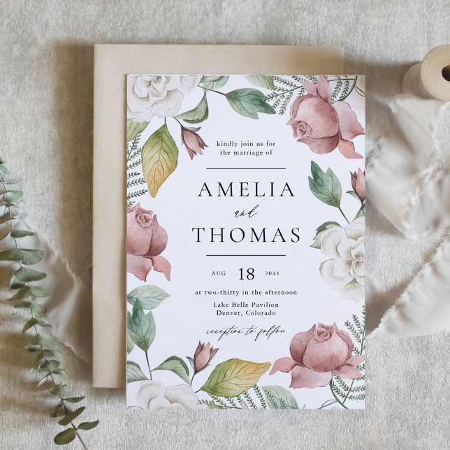 Mauve Pink und White Roses Blumenzeremonie Einladung (Mauve Pink and White Roses Floral Wreath Wedding Invitation)