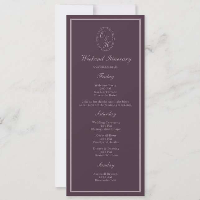 Mauve Plum Monogram Wedding Weekend Itinerary Einladung (Vorderseite)