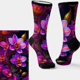 Mauve Purple Blumen mit Gold auf schwarz Socken