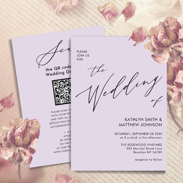 Mauve QR Code in einem eleganten Skript Hochzeit Einladung (Von Creator hochgeladen)