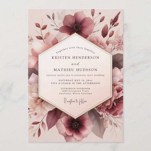 Mauve Romantic Bloom Wedding Einladung (Vorderseite)