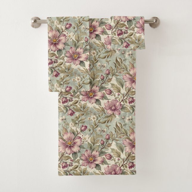 Mauve Rose auf Minze Badhandtuch Set (Insitu)