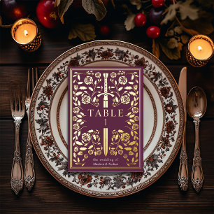 Mauve Royal Medieval Sword Wedding Table Card Folieneinladung