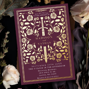 Mauve Royal Mittelalter-Schwert-Hochzeit Folieneinladung