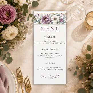 Mauve & Sage Florale Hochzeit Menükarte