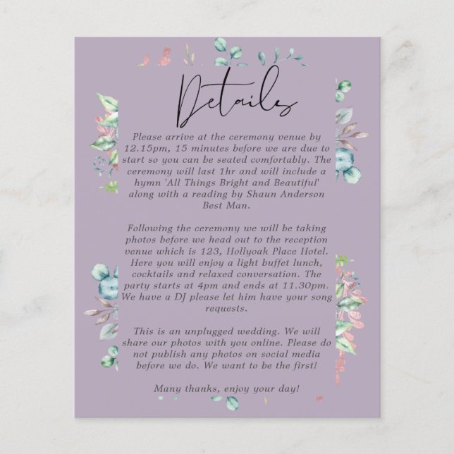 Mauve Sage Rosegold Blätter Wedding Details Progra (Vorderseite)