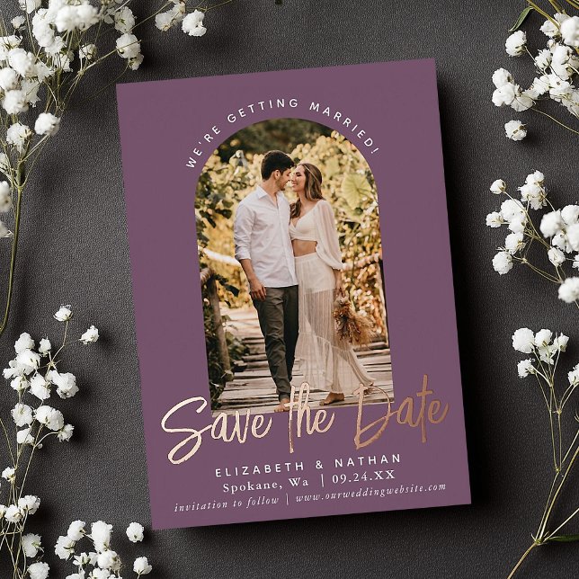 Mauve Save the Date Stilvolles Script-Foto Folieneinladung (Von Creator hochgeladen)