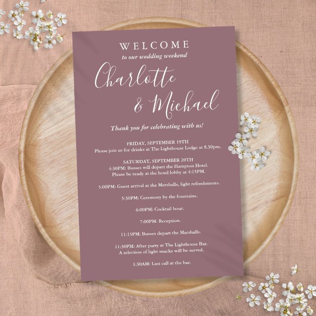 Mauve Script Guest Wedding Weekend Program (Mauve Script Guest Wedding Weekend Program)