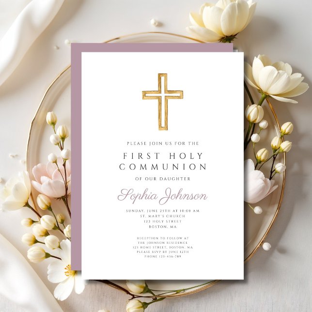 Mauve Script Religious Cross Boy First Communion Einladung (Mauve Script Religious Cross Boy First Communion Invitation)