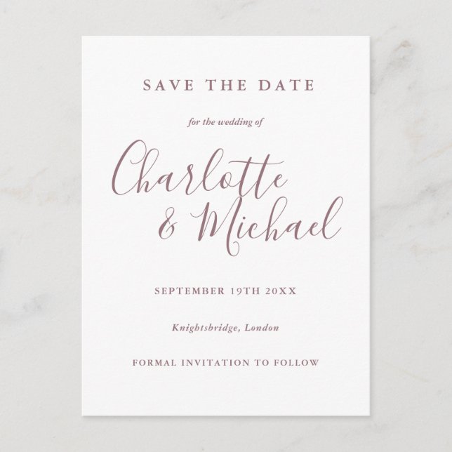 Mauve Script Wedding Save the Date Postkarte (Vorderseite)
