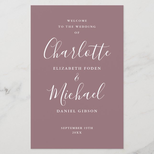 Mauve Signature Script-Hochzeitsprogramm (Vorderseite)