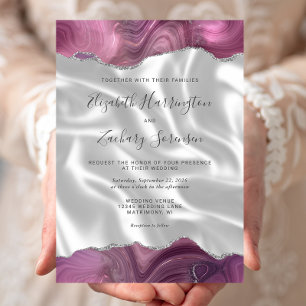 Mauve Silver Agate White Silk Wedding Einladung