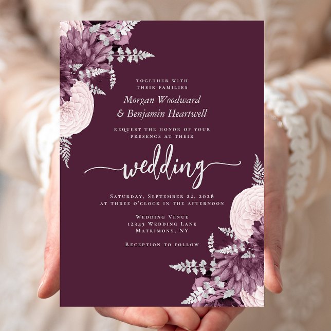 Mauve Silver Floral QR Code Hochzeit Einladung (Von Creator hochgeladen)