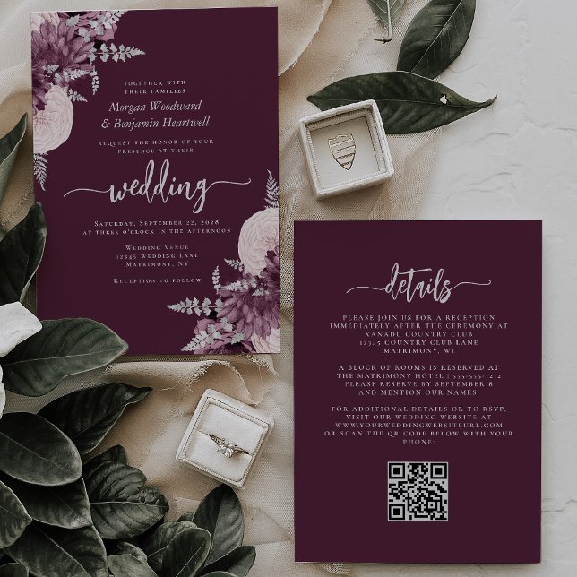 Mauve Silver Floral QR Code Hochzeit Einladung (Von Creator hochgeladen)