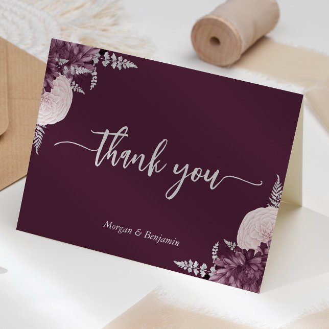 Mauve Silver Floral Script Wedding Dankeskarte (Von Creator hochgeladen)