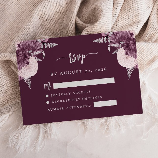 Mauve Silver Floral Script Wedding RSVP Begleitkarte (Von Creator hochgeladen)