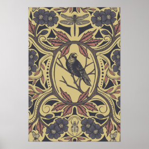 Mauve, Tan & Gray Crow & Dragonfly Poster