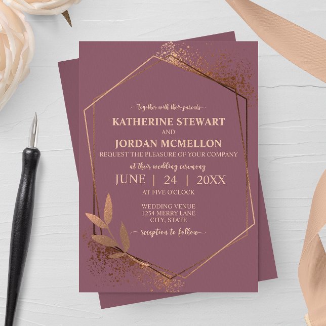 Mauve und Bronze Fall Leaf Geometric Wedding Einladung (Von Creator hochgeladen)