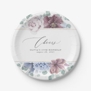 Mauve und Dusty Blue Floral Elegantes Botanisches Pappteller