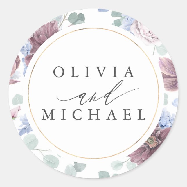 Mauve und Dusty Blue Floral Wedding Siegel Runder Aufkleber (Vorderseite)