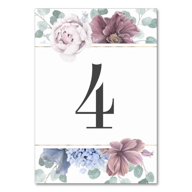 Mauve und Dusty Blue Floral Wedding Tischnummer (Vorderseite)