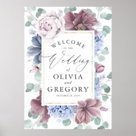Mauve und Dusty Blue Floral Wreath Wedding Willkom Poster