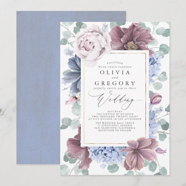 Mauve und Dusty Blue Flowers Elegante Wedding Einladung (Vorne/Hinten)