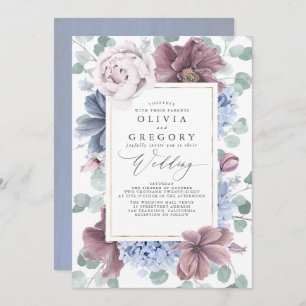 Mauve und Dusty Blue Flowers Elegante Wedding Einladung