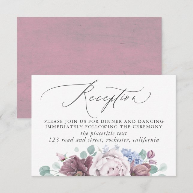 Mauve und Dusty Blue Wedding Reception Begleitkarte (Vorne/Hinten)