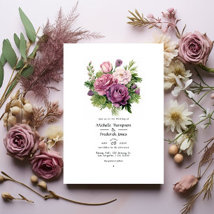 Mauve- und Fichtengrün Florale Sommerhochzeit Einladung