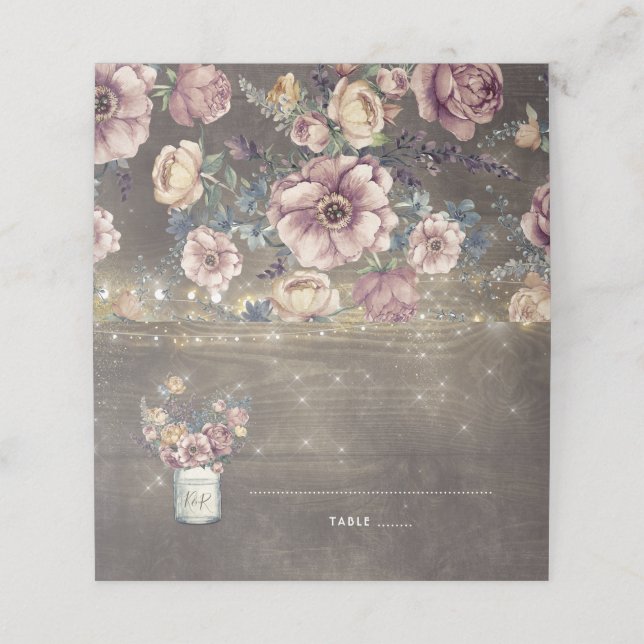 Mauve und Gold Floral Mason Jar Rustikale Hochzeit Platzkarte (Außenseite Aufgefaltet)