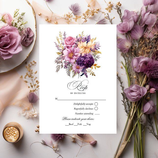 Mauve und Gold Floral Wedding RSVP Karte (Von Creator hochgeladen)