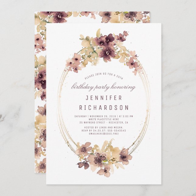 Mauve und Gold Vintag Floral Geburtstagsparty Einladung (Vorne/Hinten)