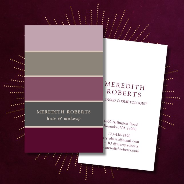 Mauve und grüne dramatische Streifen Visitenkarte (Business Card Mauve Green Wide Stripes Hair and Makeup Cosmetologist Salon)