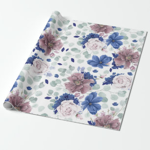 Mauve und Navy Blue Botanical Floral Elegant Geschenkpapier