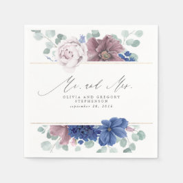 Mauve und Navy Blue Floral Botanical Mr. and Mrs. Serviette