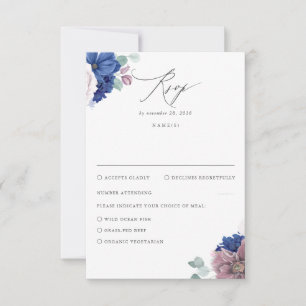 Mauve und Navy Blue Floral Wedding RSVP Karte