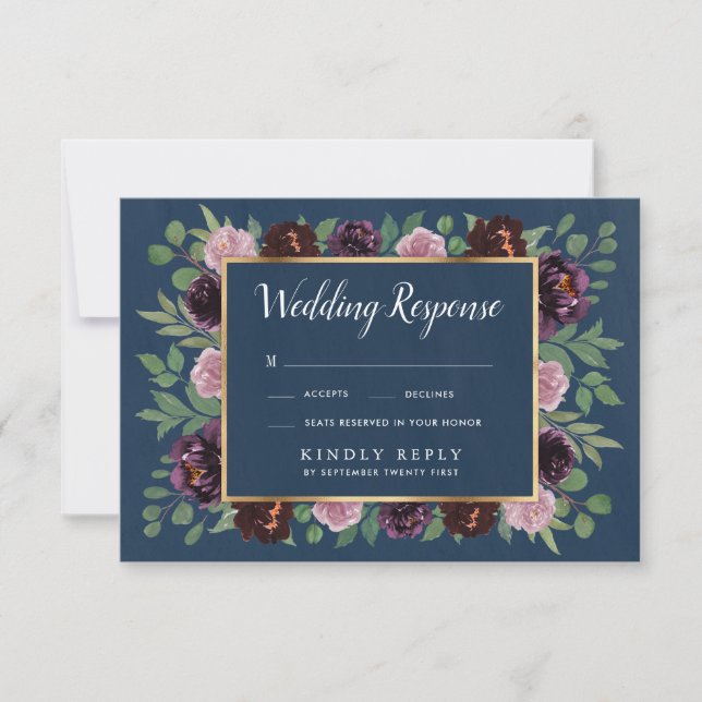 Mauve und Navy Blue Gold Plum Wedding RSVP Cards (Vorderseite)