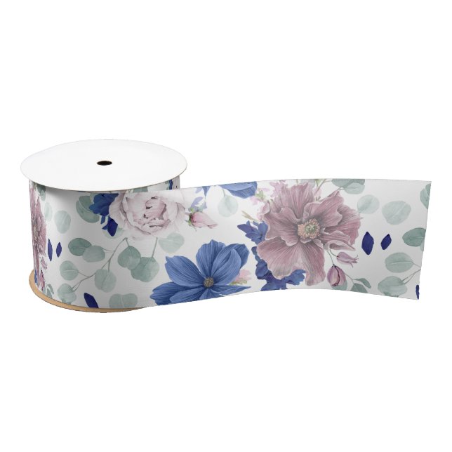 Mauve und Navy Blumen Botanische Satinblüten Satinband (Spule)