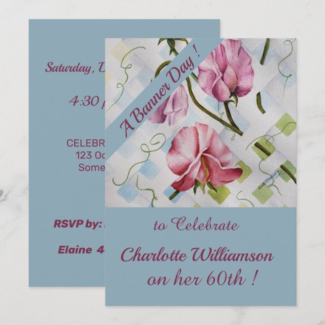 Mauve und Pink Wasserfarbe Blumengeburt Einladung (Vorne/Hinten)