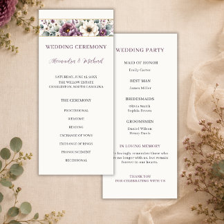 Mauve- und Salbei-Blumenhochzeitsprogramm